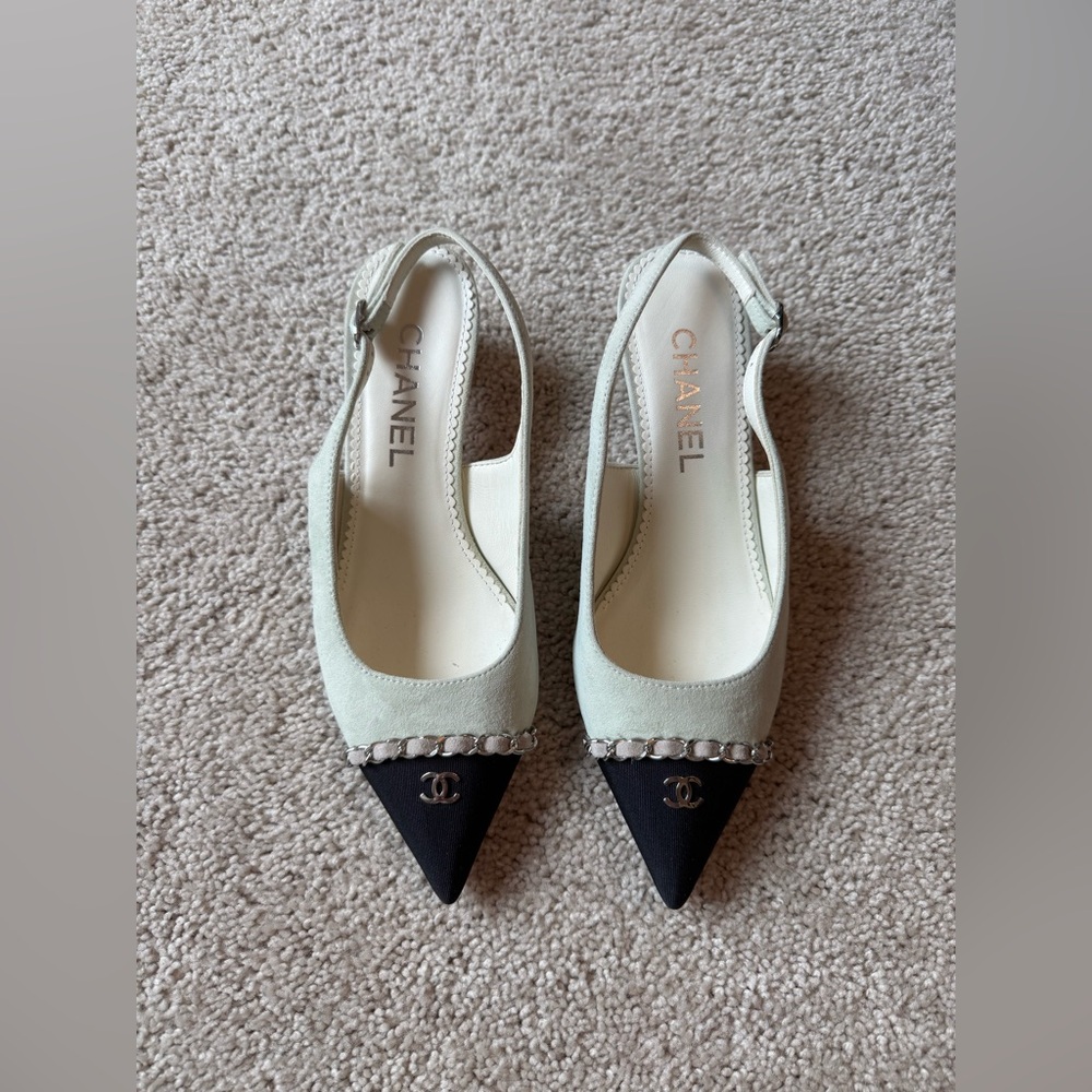CHANEL 23P Slingback Heels in Sage and Black, Size 35